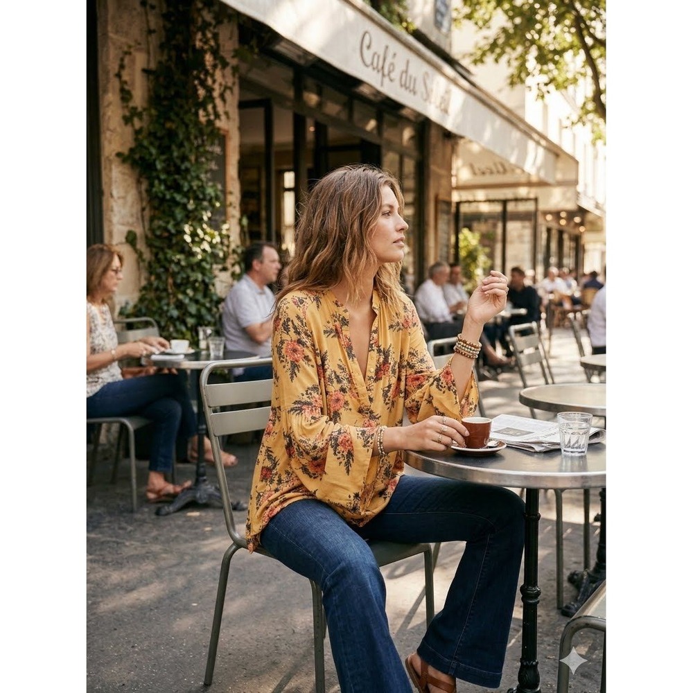 Free People Floral Tunic Top Mustard Yellow Bell Sleeve Boho Blouse Medium